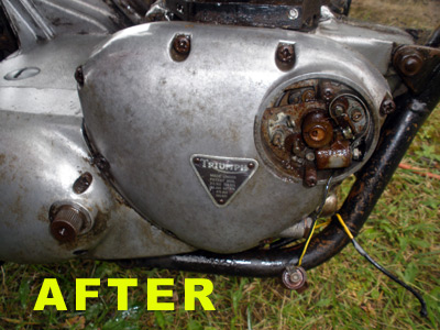 68 Triumph Closeup of Crankcase After StrongArm Products restored the Aluminum surface